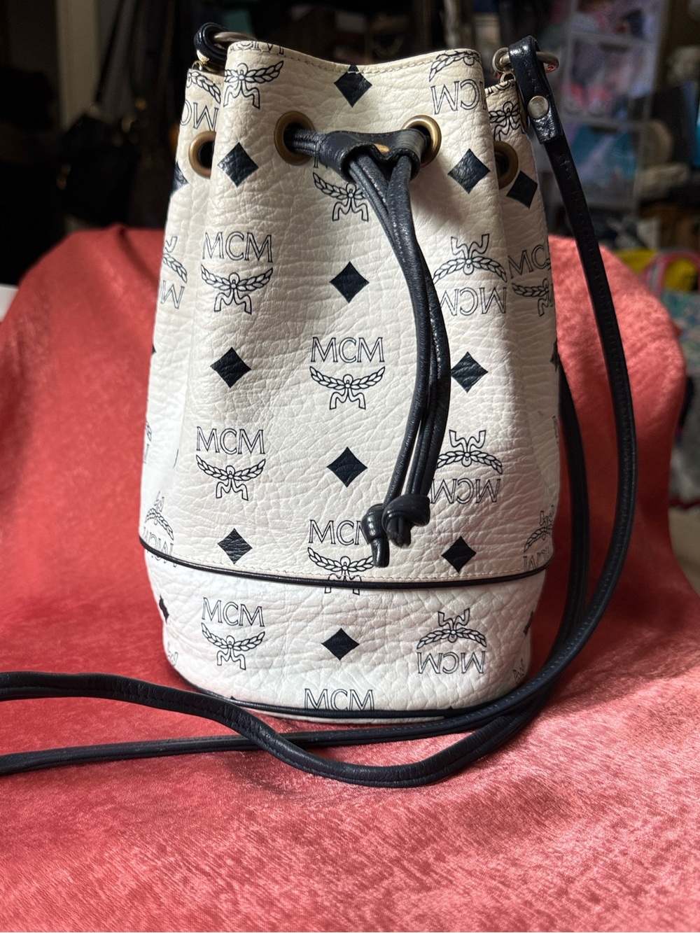 MCM Rare Vintage Mini White and Navy Visetos Drawstring Crossbody Bucket Bag
